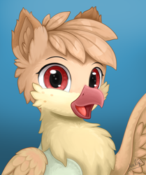 Size: 1200x1434 | Tagged: safe, artist:helip12, imported from derpibooru, oc, oc only, oc:helip, hippogriff, bust, ear fluff, floppy ears, freckles, gradient background, looking at you, male, portrait, simple background, smiling, smiling at you, solo