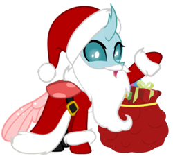 Size: 875x789 | Tagged: artist needed, safe, imported from derpibooru, ocellus, changedling, changeling, belt, boots, christmas, christmas changeling, clothes, coat, costume, cute, diaocelles, fake beard, female, gloves, hat, holiday, horn, looking at you, open mouth, present, raised hoof, sack, santa beard, santa claus, santa coat, santa costume, santa hat, santa sack, shoes, simple background, solo, transparent background, vector