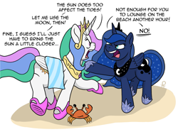 Size: 2679x1997 | Tagged: safe, artist:doodledonutart, imported from derpibooru, princess celestia, princess luna, alicorn, crab, pony, angry, argument, beach, beach towel, clothes, comic, crown, duo, ethereal mane, ethereal tail, female, hoof shoes, jewelry, mare, regalia, royal sisters, siblings, sisters, slippers, starry mane, starry tail, tail, this will not end well