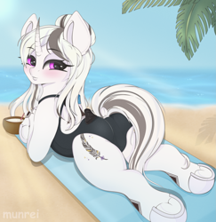 Size: 2115x2180 | Tagged: safe, artist:munrei, imported from derpibooru, oc, oc only, oc:chloe white, pony, unicorn, beach, blushing, butt, clothes, commission, female, horn, looking at you, lying, lying down, mare, ocean, one-piece swimsuit, open-back swimsuit, plot, prone, purple eyes, solo, summer, swimsuit, water, ych result
