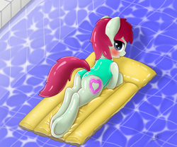 Size: 1320x1100 | Tagged: safe, artist:helip12, imported from derpibooru, oc, oc:frothy, pony, blushing, butt, clothes, female, inflatable, looking at you, lying down, mare, one-piece swimsuit, plot, pool toy, prone, solo, swimsuit