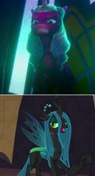 Size: 598x1097 | Tagged: safe, edit, edited screencap, imported from derpibooru, screencap, opaline arcana, queen chrysalis, alicorn, changeling, changeling queen, pony, spoiler:g5, spoiler:my little pony: make your mark, female, g4, g5, my little pony: make your mark, my little pony: make your mark chapter 1, opaline's throne, throne