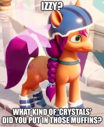 Size: 500x613 | Tagged: safe, edit, imported from derpibooru, sunny starscout, earth pony, pony, fountain, g5, game, game screencap, helmet, meme, my little pony: a maretime bay adventure, wide eyes