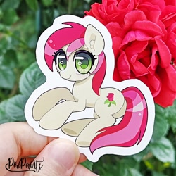 Size: 656x656 | Tagged: safe, artist:piripaints, imported from derpibooru, roseluck, earth pony, pony, butt, ear fluff, female, flower, hand, irl, looking at you, lying down, photo, plant, plot, rosebutt