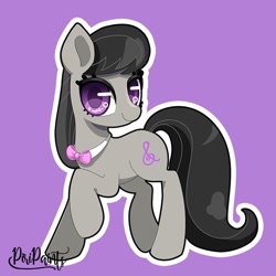 Size: 656x656 | Tagged: safe, artist:piripaints, imported from derpibooru, octavia melody, earth pony, pony, bowtie, cute, female, looking at you, one leg raised, purple background, simple background, solo, tavibetes