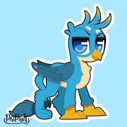 Size: 656x656 | Tagged: safe, artist:piripaints, imported from derpibooru, gallus, griffon, blue background, chest fluff, dreamworks face, looking at you, male, simple background, smiling, smug, solo