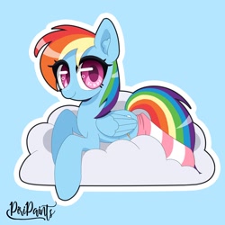 Size: 1500x1500 | Tagged: safe, artist:piripaints, imported from derpibooru, rainbow dash, pegasus, pony, blue background, clothes, cloud, cute, dashabetes, ear fluff, female, looking at you, lying down, lying on a cloud, on a cloud, simple background, socks, solo, striped socks