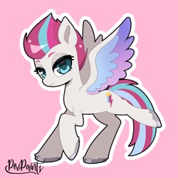 Size: 900x900 | Tagged: safe, artist:piripaints, imported from derpibooru, zipp storm, pegasus, pony, adorazipp, colored wings, cute, eyebrows, female, g5, looking at you, mare, multicolored wings, outline, pink background, signature, simple background, smiling, smiling at you, solo, spread wings, tail, two toned mane, two toned tail, white outline, wings