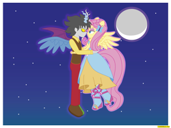 Size: 5297x3970 | Tagged: safe, artist:conikiblasu-fan, imported from derpibooru, discord, fluttershy, human, equestria girls, 2014, discoshy, equestria girls-ified, female, male, moon, night, old art, ponied up, shipping, signature, stars, straight