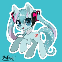 Size: 1200x1200 | Tagged: safe, artist:piripaints, imported from derpibooru, kotobukiya, earth pony, pony, anime, cute, female, hatsune miku, headphones, kotobukiya hatsune miku pony, mare, necktie, open mouth, open smile, ponified, simple background, smiling, solo, vocaloid