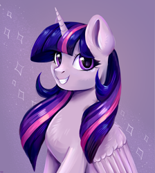 Size: 3301x3680 | Tagged: safe, artist:ske, imported from derpibooru, twilight sparkle, alicorn, pony, bust, female, folded wings, grin, high res, horn, mare, smiling, solo, twilight sparkle (alicorn), wings