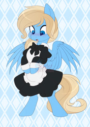 Size: 752x1063 | Tagged: safe, artist:scarlet-spectrum, imported from derpibooru, part of a set, oc, oc only, oc:lusty symphony, pegasus, bipedal, blushing, clothes, commission, cute, dress, female, looking down, maid, mare, ocbetes, open mouth, pegasus oc, solo, surprised face, tail, watermark, wings, ych result