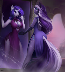 Size: 2388x2664 | Tagged: safe, artist:dacsy, imported from derpibooru, nightmare rarity, rarity, anthro, unicorn, absolute cleavage, ass, breasts, busty rarity, butt, cleavage, clothes, dress, duo, duo female, evening gloves, evil grin, eyebrows, eyebrows visible through hair, fangs, female, frown, gloves, grin, high res, horn, lipstick, long gloves, looking at you, mirror, open mouth, smiling, smiling at you, tail, tail hole, trapped