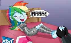 Size: 1228x756 | Tagged: safe, artist:gaggeddude32, edit, imported from derpibooru, rainbow dash, human, equestria girls, arm behind back, barefoot, bed, bondage, boots, breasts, clothes, commission, dashsub, don turtelli, duct tape, eyes closed, feet, female, femsub, gloves, kidnapped, laughing, mummification, offscreen character, open mouth, rainbond dash, shoes, skirt, speech bubble, submissive, tape, tape bondage, tickle torture, tickling