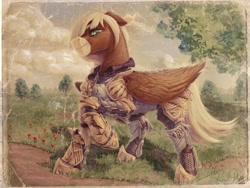Size: 1988x1495 | Tagged: safe, artist:thatonegib, imported from derpibooru, oc, oc:star crossed, bat pony, pegasus, armor, chainmail, digital art, frown, looking at you, painting, realistic, scenery, solo