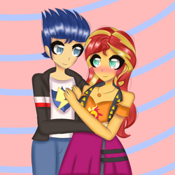 Size: 1000x1000 | Tagged: safe, artist:trinaoctoling07, imported from derpibooru, flash sentry, sunset shimmer, human, equestria girls, blushing, commission, female, flashimmer, male, shipping, straight