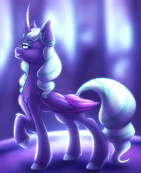 Size: 2200x2700 | Tagged: safe, artist:shad0w-galaxy, imported from derpibooru, opaline arcana, alicorn, pony, spoiler:g5, spoiler:my little pony: make your mark, chest fluff, ear fluff, female, full body, g5, gradient horn, high res, horn, mare, my little pony: make your mark, raised hoof, slim, smiling, solo, unshorn fetlocks, wing fluff, wings