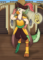 Size: 905x1280 | Tagged: safe, artist:sparkbolt3020, imported from derpibooru, captain celaeno, discord, avian, ear piercing, earring, hat, jewelry, ornithian, piercing, pirate hat, ring, story included, transformation, transformation sequence