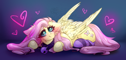 Size: 4218x2004 | Tagged: safe, artist:rico_chan, imported from derpibooru, fluttershy, pegasus, pony, behaving like a cat, bell, bell collar, blushing, cat bell, clothes, collar, cute, daaaaaaaaaaaw, ear fluff, floating heart, floppy ears, heart, heart eyes, looking at you, lying down, prone, shyabetes, socks, solo, striped socks, tail, wingding eyes, wings