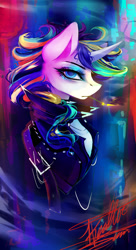 Size: 1024x1886 | Tagged: safe, artist:purediamond360, imported from derpibooru, rarity, pony, unicorn, alternate hairstyle, bust, cigarette, clothes, jacket, leather jacket, portrait, punk, raripunk, smoking, solo