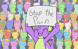 Size: 1687x1080 | Tagged: safe, artist:happy harvey, imported from derpibooru, spike, dragon, pony, background pony, crying, drawthread, eyes closed, female, generic pony, holding sign, lip bite, male, mare, phone drawing, ponified, sign, stallion