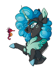 Size: 1280x1657 | Tagged: safe, artist:drawingjules, imported from derpibooru, oc, oc only, seahorse, seapony (g4), unicorn, blue eyes, blue mane, female, horn, mare, open mouth, seaponified, simple background, smiling, solo, species swap, teeth, transparent background, wingding eyes