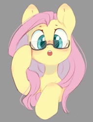 Size: 820x1079 | Tagged: safe, artist:melodylibris, imported from derpibooru, fluttershy, pegasus, pony, :o, bust, cute, female, glasses, gray background, looking at you, mare, open mouth, shyabetes, simple background, solo