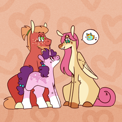 Size: 1080x1080 | Tagged: safe, artist:winter-crispy, imported from derpibooru, big macintosh, fluttershy, lightning dust, sugar belle, earth pony, pegasus, pony, unicorn, bisexual, coat markings, female, flutterdust (pairing), fluttermac, implied lightning dust, lesbian, lesbian in front of boys, male, mare, polyamory, shipping, smiling, socks (coat markings), speech bubble, stallion, straight, sugarmac, sugarshy