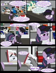 Size: 1042x1358 | Tagged: safe, artist:dendoctor, imported from derpibooru, discord, mean twilight sparkle, shadow lock, starlight glimmer, twilight sparkle, alicorn, draconequus, earth pony, pegasus, pony, unicorn, comic:clone.., alternate universe, book, bookshelf, bookstore, clone, comic, female, for dummies, hat, twilight sparkle (alicorn)