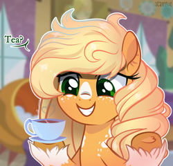 Size: 3000x2875 | Tagged: safe, artist:scarffist, imported from derpibooru, applejack, earth pony, pony, alternate hairstyle, commission, cup, cute, female, food, freckles, grin, heart, jackabetes, mare, markings, redesign, scar, smiling, solo, tea, teacup, unshorn fetlocks, ych result