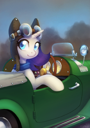 Size: 1124x1600 | Tagged: safe, artist:asimos, imported from derpibooru, rarity, pony, unicorn, aviator goggles, aviator hat, car, colored pupils, goggles, hat, helmet, looking back, solo