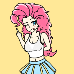 Size: 1000x1000 | Tagged: safe, artist:artevi, imported from derpibooru, pinkie pie, human, equestria girls, belly button, looking at you, middle finger, midriff, one eye closed, simple background, solo, tongue out, vulgar, wink, winking at you, yellow background