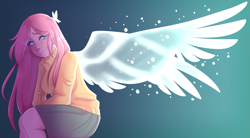 Size: 3375x1866 | Tagged: safe, artist:lunarunah, imported from derpibooru, fluttershy, butterfly, human, blushing, breasts, busty fluttershy, clothes, cute, ethereal wings, female, humanized, shyabetes, skirt, solo, sweater, sweatershy, winged humanization, wings