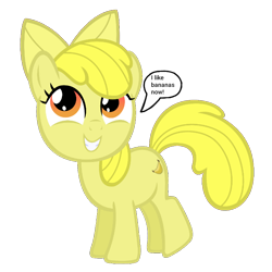 Size: 720x720 | Tagged: safe, artist:pagiepoppie12345, imported from derpibooru, apple bloom, earth pony, pony, banana, bananabloom, bow, dialogue, dishonorapple, female, filly, foal, food, hair bow, recolor, simple background, smiling, speech bubble, text, transparent background