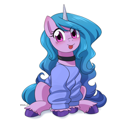 Size: 1050x1050 | Tagged: safe, artist:riouku, imported from derpibooru, izzy moonbow, pony, unicorn, :p, blushing, choker, clothes, commission, cute, female, g5, izzybetes, looking at you, mare, simple background, sitting, solo, sweater, tongue out, unshorn fetlocks, white background