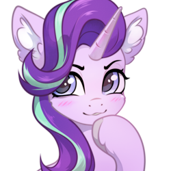 Size: 2000x2000 | Tagged: safe, artist:inowiseei, imported from derpibooru, starlight glimmer, pony, unicorn, blushing, bust, collaboration, collaboration:choose your starlight, ear fluff, eyebrows, female, grin, high res, hoof on chin, mare, simple background, smiling, solo, thinking, transparent background