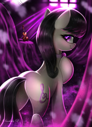 Size: 1625x2250 | Tagged: safe, artist:darksly, imported from derpibooru, octavia melody, earth pony, pony, butt, cello, female, looking back, mare, musical instrument, plot, smiling, spotlight