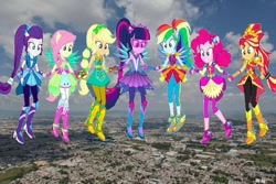 Size: 735x490 | Tagged: safe, edit, imported from derpibooru, applejack, fluttershy, pinkie pie, rainbow dash, rarity, sci-twi, sunset shimmer, twilight sparkle, human, equestria girls, alternate hairstyle, boots, clothes, cowboy boots, crystal guardian, gloves, high heel boots, holding hands, humane five, humane seven, humane six, ponied up, shoes