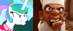 Size: 2001x864 | Tagged: safe, edit, edited screencap, imported from derpibooru, screencap, princess celestia, alicorn, pony, between dark and dawn, season 9, spoiler:s09, alternate hairstyle, angry, chef, chef skinner, clothes, coincidence i think not, comparison, eyebrows, gritted teeth, hairband, pixar, rage, ratatouille, teeth