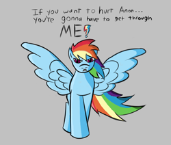 Size: 596x505 | Tagged: safe, artist:vareb, imported from derpibooru, rainbow dash, pegasus, pony, aggie.io, angry, female, frown, implied anon, looking at you, mare, open mouth, protecting, simple background, solo, spread wings, talking, wings