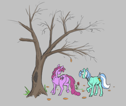 Size: 490x411 | Tagged: safe, artist:firecracker, berry punch, berryshine, lyra heartstrings, earth pony, pony, unicorn, aggie.io, autumn, dock, female, mare, raised hoof, simple background, tree, whiskers