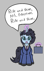 Size: 295x473 | Tagged: safe, pony, aggie.io, clothes, female, game, magic, mare, open mouth, simple background, speech bubble, suit, suitcase, talking