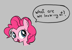 Size: 329x227 | Tagged: safe, artist:algoatall, pinkie pie, earth pony, pony, aggie.io, female, looking back, mare, open mouth, simple background, smiling, speech bubble, talking