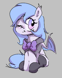 Size: 287x363 | Tagged: safe, artist:parfait, oc, oc only, oc:lucky roll, bat pony, pony, aggie.io, bow, clothes, fangs, female, mare, one eye closed, simple background, sitting, socks, spread wings, wings