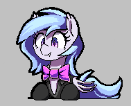 Size: 189x153 | Tagged: safe, artist:thebatfang, oc, oc only, oc:lucky roll, bat pony, pony, aggie.io, bow, clothes, fangs, female, lowres, mare, pixel art, simple background, smiling