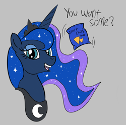 Size: 658x652 | Tagged: safe, princess luna, alicorn, pony, aggie.io, chips, doritos, female, food, mare, open mouth, simple background, smiling, talking to viewer