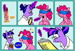 Size: 1316x900 | Tagged: artist needed, source needed, safe, imported from twibooru, pinkie pie, twilight sparkle, earth pony, pony, unicorn, clothes, comic, dialogue, experiment, female, image, lab coat, levitation, magic, magic aura, mare, needs more jpeg, notepad, science, scientist, tally marks, telekinesis, twix, unicorn twilight