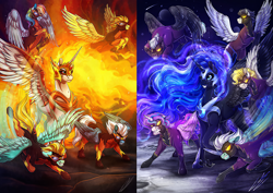 Size: 3200x2264 | Tagged: safe, imported from derpibooru, daybreaker, fleetfoot, lightning dust, nightmare moon, princess flurry heart, rainbow dash, soarin', spitfire, surprise, thunderlane, alicorn, pegasus