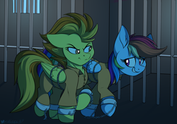 Size: 3236x2278 | Tagged: safe, artist:notetaker, imported from derpibooru, rainbow dash, spitfire, pegasus, pony, bound wings, clothes, commission, commissioner:rainbowdash69, cuffed, duo, never doubt rainbowdash69's involvement, prison outfit, prisoner, prisoner rd, wings