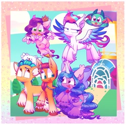 Size: 2048x2030 | Tagged: safe, artist:sidruni, imported from derpibooru, hitch trailblazer, izzy moonbow, pipp petals, sunny starscout, zipp storm, dog, dragon, earth pony, pegasus, pony, unicorn, adorapipp, adorazipp, baby, baby dragon, bow, chest fluff, cloudbetes, cloudpuff, crystal brighthouse, cute, ear fluff, ear piercing, female, flying, g5, hair bow, hitchbetes, izzybetes, male, mane five (g5), mare, my little pony: make your mark, open mouth, piercing, puppy, sparky sparkeroni, sparkybetes, stallion, sunnybetes, tail, tail bow